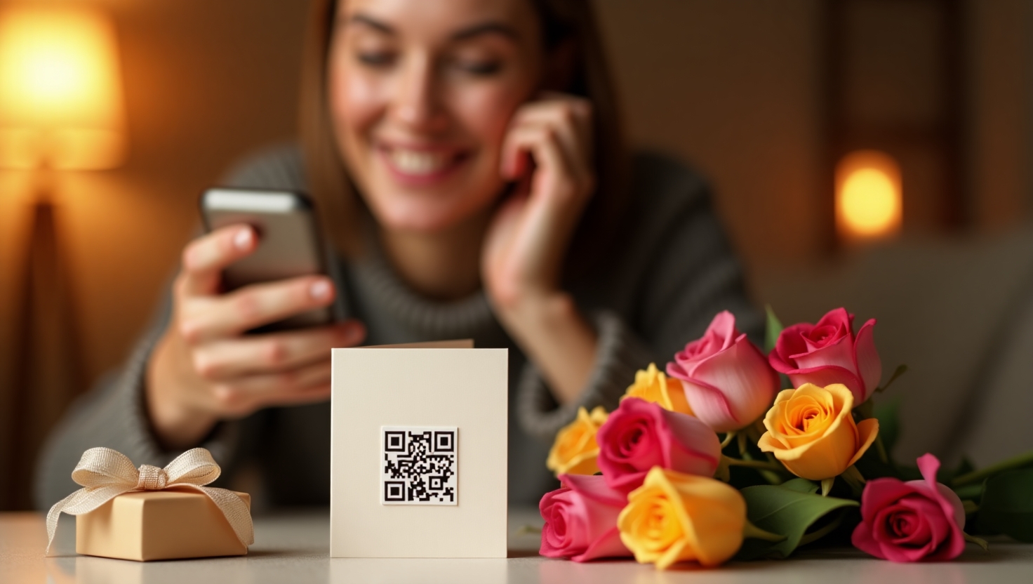 Biglietto di auguri con QR Code e mazzo di rose colorate